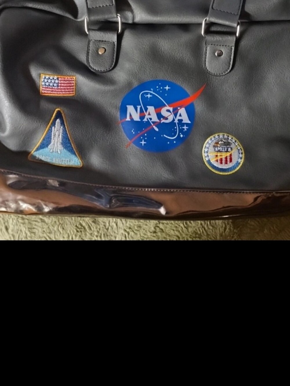 Official grey NASA faux leather lifestyle bag featuring embroidered Patches